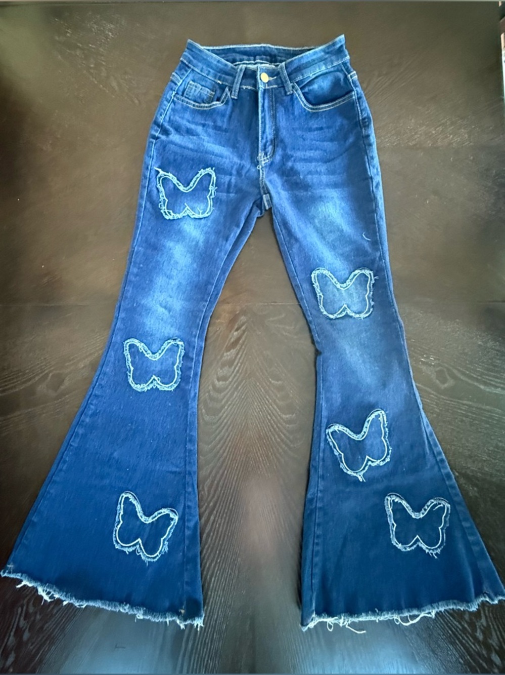 Dark Blue 70’s Style Butterfly Appliqué Flared Jeans With Intentional Fraying